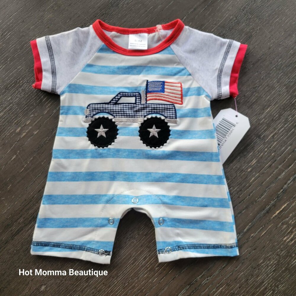 Infant Blue and White Stripe Patriotic Monster Truck Romper 0-3M